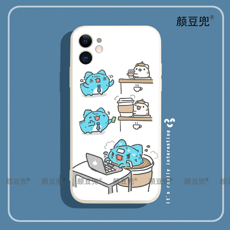 适用iphone13PROMAX猫猫虫咖波的加班日常小羊皮手机壳苹果12防摔