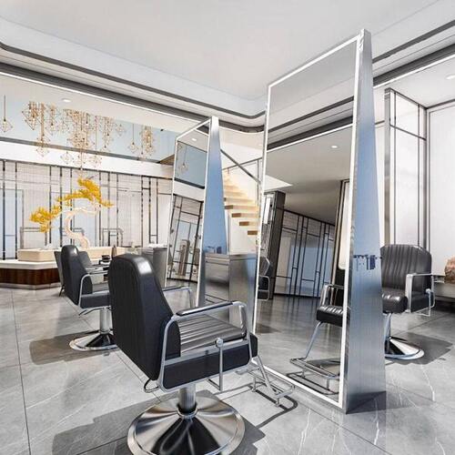 理发店镜台网红美发店单面镜子发廊专用双面带灯不锈钢落地剪发镜