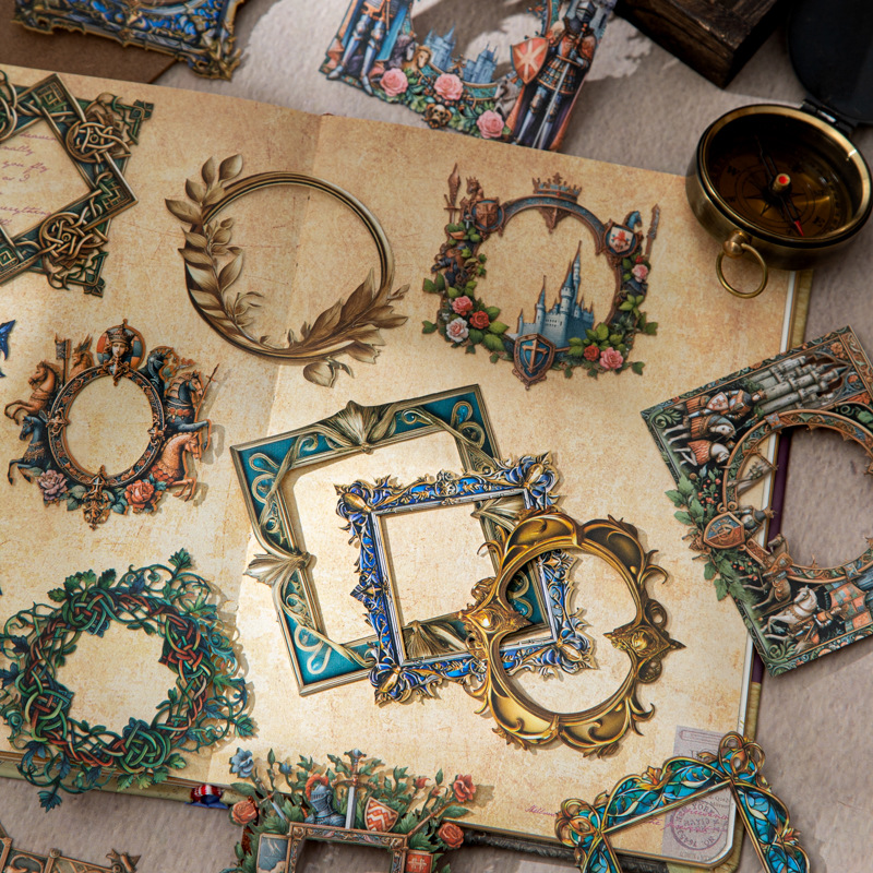 中世纪纹章系列硬卡贴纸10张入 复古边框素材手帐谷美diy装饰拼贴