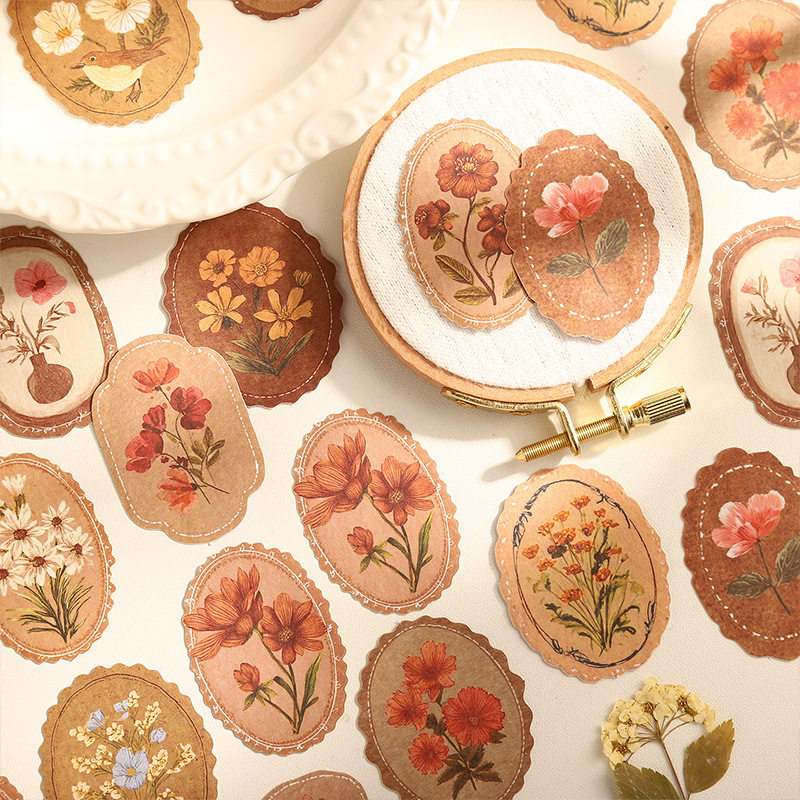 谧境花集系列盒装贴纸包45张入 复古花卉素材手账装饰拼贴封口贴