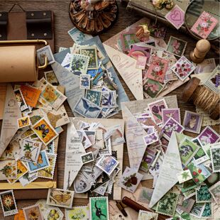 100张贴纸包 邮票收藏家系列复古植物蝴蝶素材手帐相框装饰拼贴画