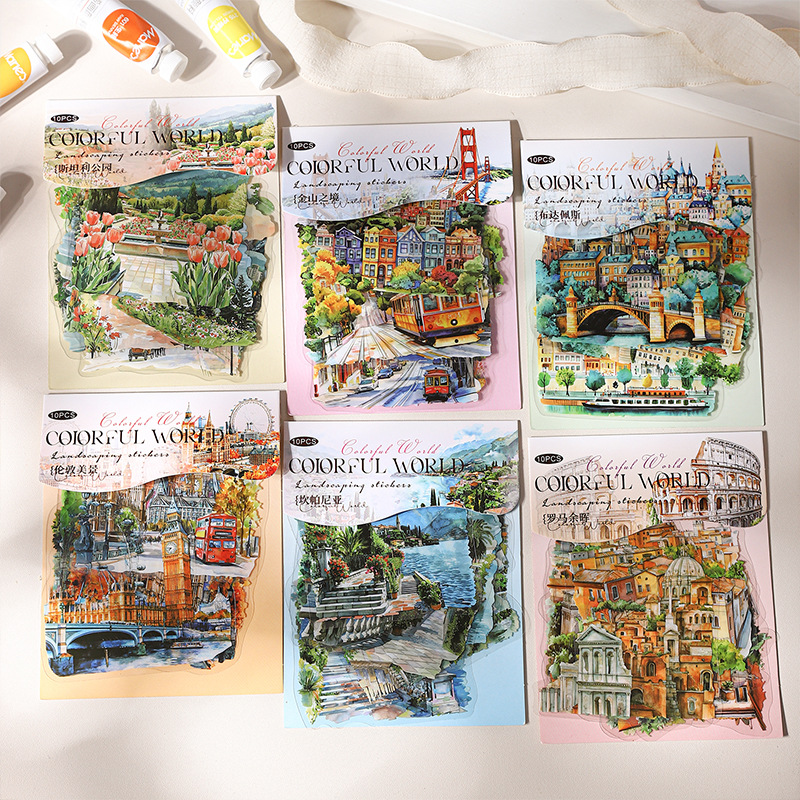 清仓 七彩世界系列大尺寸造景贴纸包10张入风景素材手账diy拼贴画