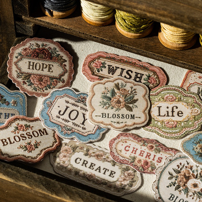 繁花绣语系列标签浮雕贴纸20张 复古花卉素材手帐痛包diy装饰贴画