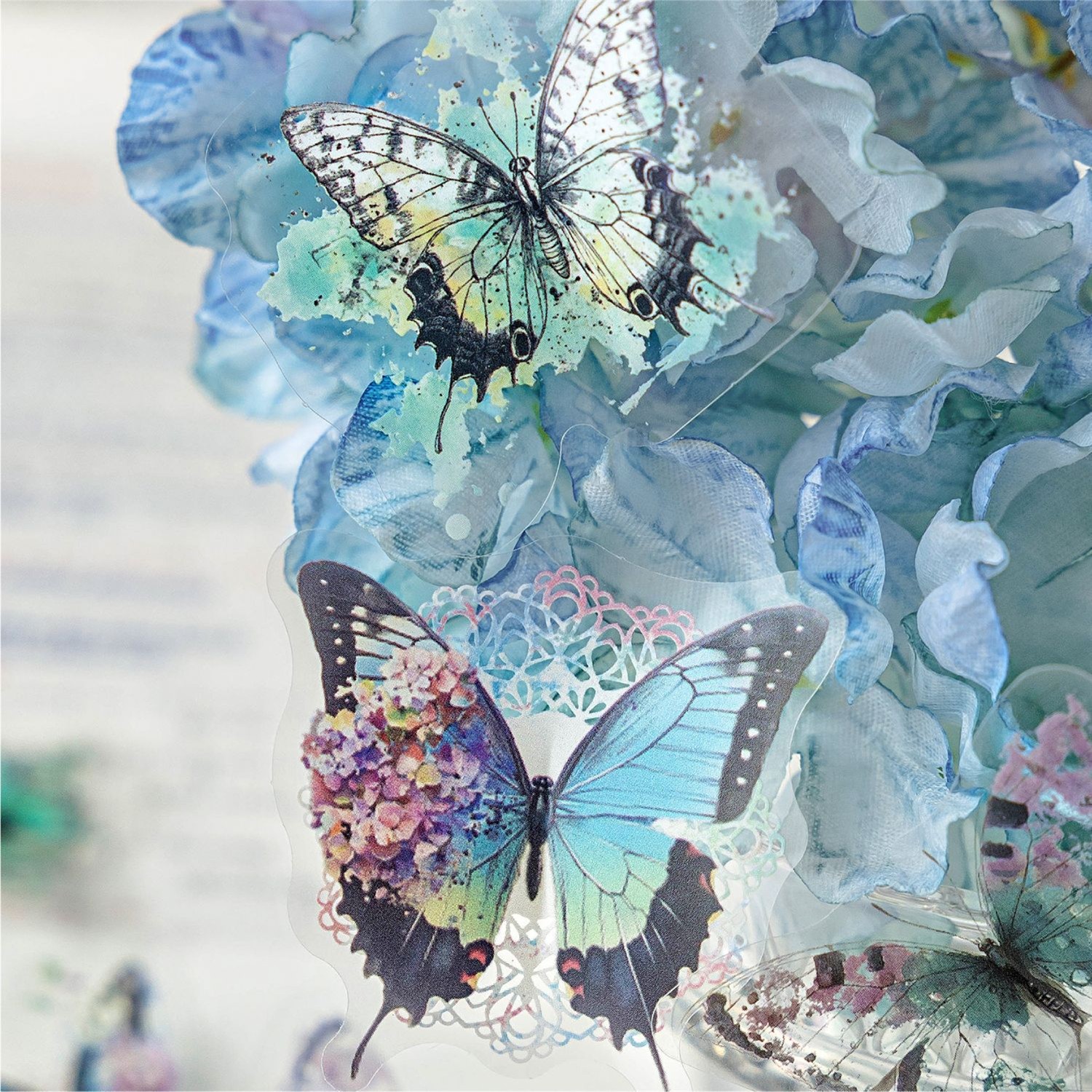 清仓 40张防水PET贴纸包 彩墨蝴蝶图鉴复古水彩拼贴手账咕卡装饰