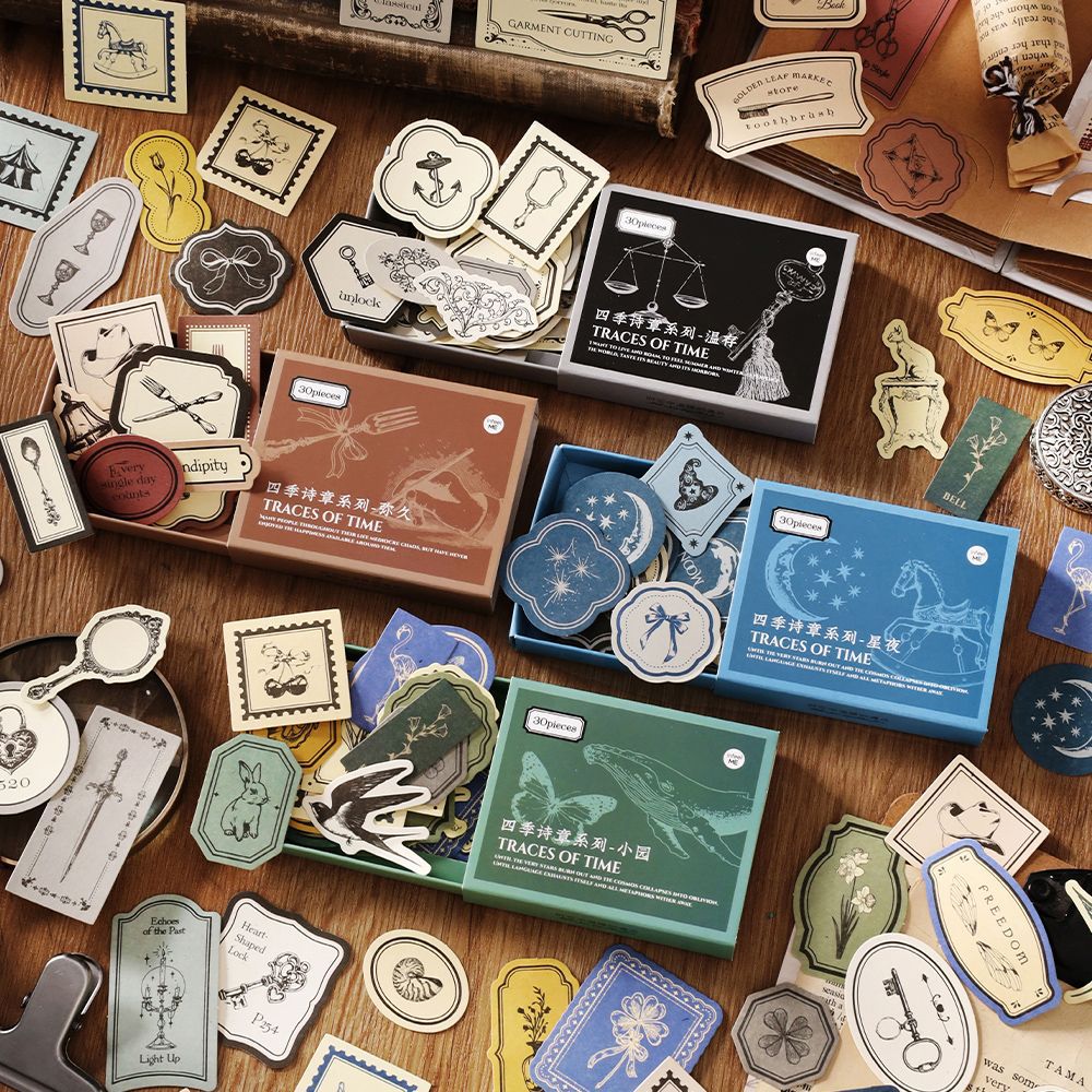 四季诗章系列盒装素材包30张入 复古风创意图案手帐diy吊卡装饰纸