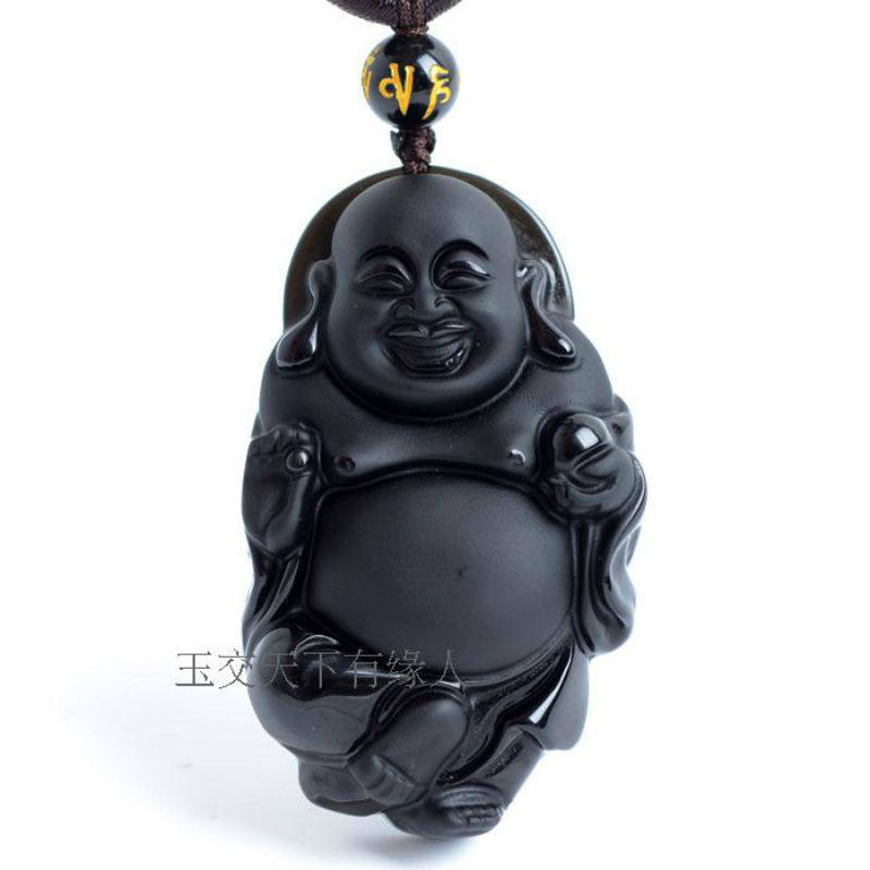 天然黑曜石立体佛像吊坠平安石玉坠弥勒佛笑佛女士款包邮