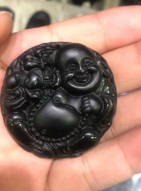 天然黑曜石吊坠弥勒佛挂件毛衣链