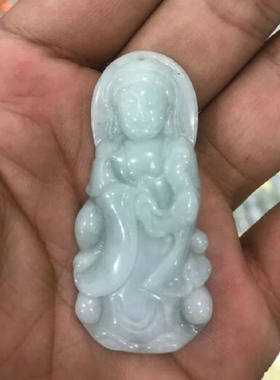 天然缅甸翡翠A货糯米种缅甸翡翠玉站观音送如意佛吊坠男女款