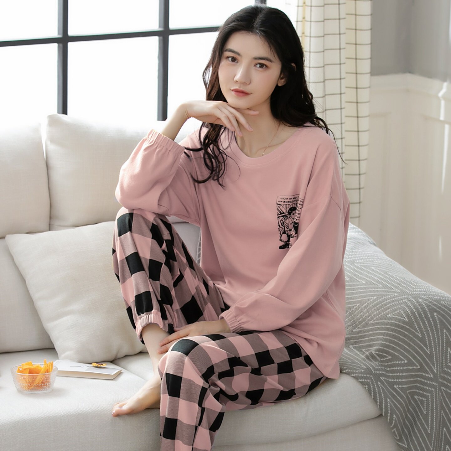 100%纯棉睡衣女加厚秋冬季可外穿简约休闲时尚圆领长袖套头家居服