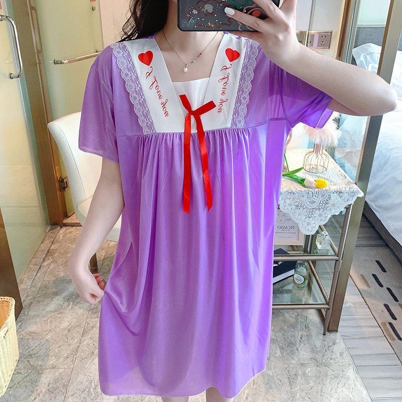 加肥加大码短袖睡裙女夏薄款冰丝蝴蝶结睡衣胖mm200斤家居服新款
