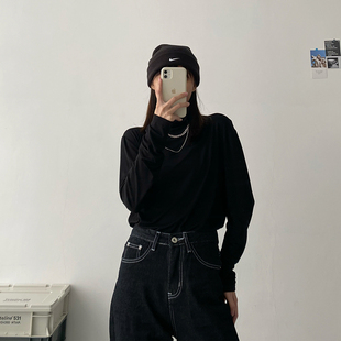 半高领内搭打底衫 特大码 t恤女2022年早秋新款 300斤黑色长袖 胖MM2