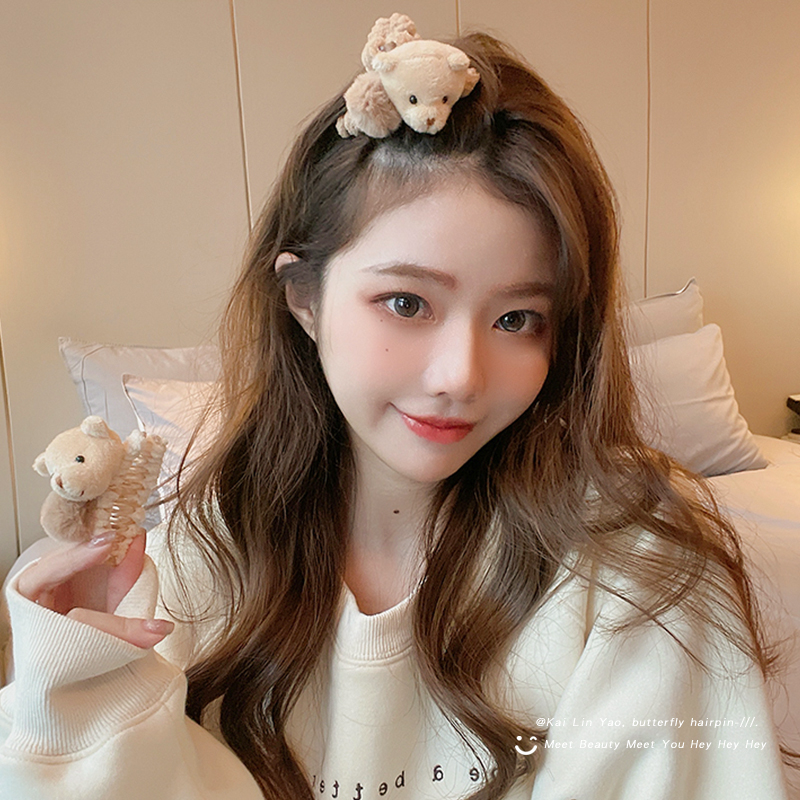 头发发夹可爱秋冬毛绒小熊抓夹女