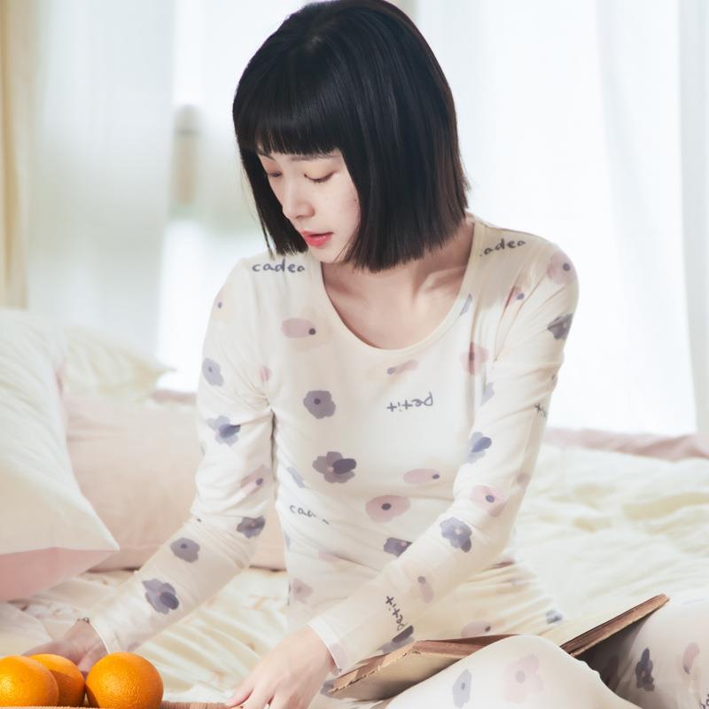 女士纯棉莱卡棉毛衫学生薄款保暖内衣套装弹力紧身打底秋衣秋裤