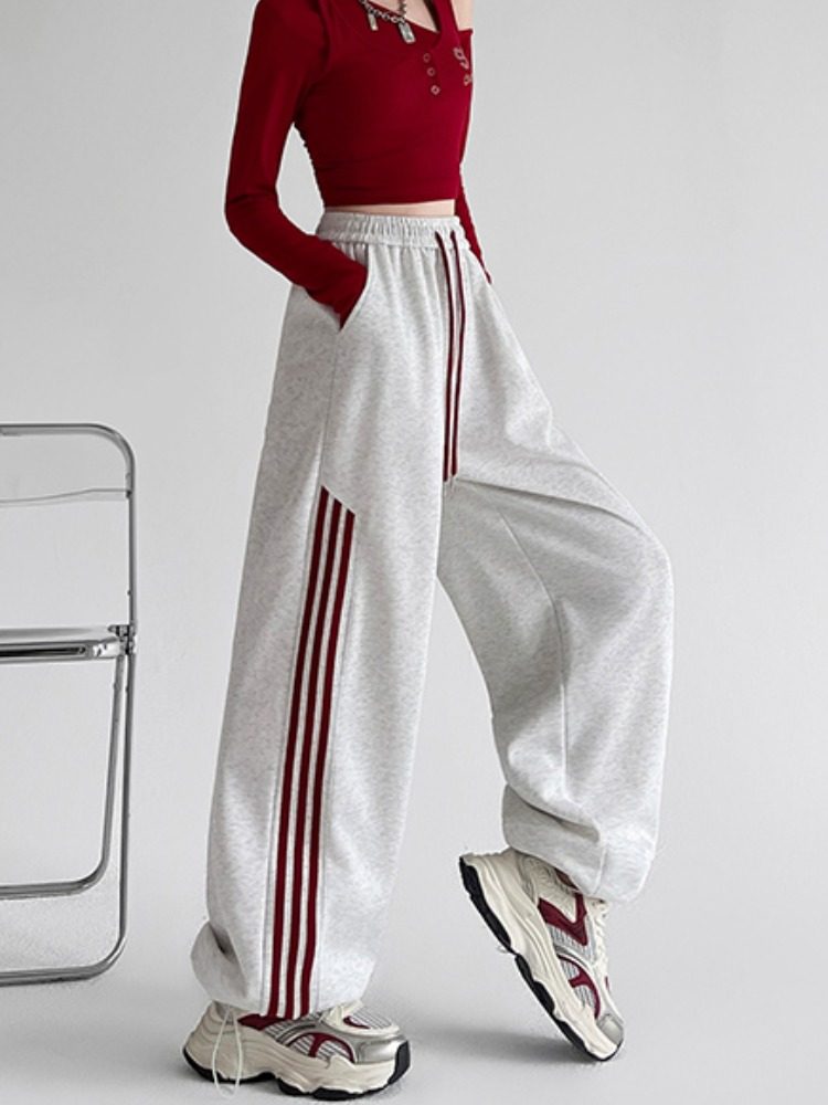 American-style Three-bar Sports Pants Women's Autumn New arrival Lazy Casual Jogger Pants Wide-leg Mop Pants