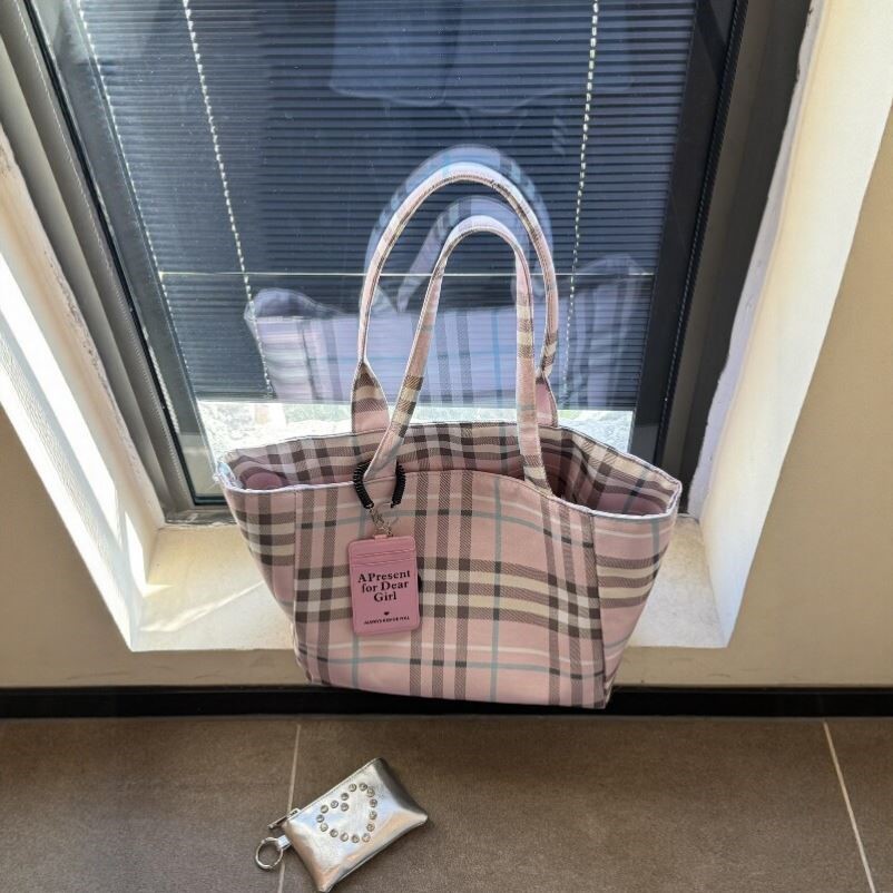 粉色包包格子斜挎包帆布包女款手提通勤单肩包女大容量日常通勤
