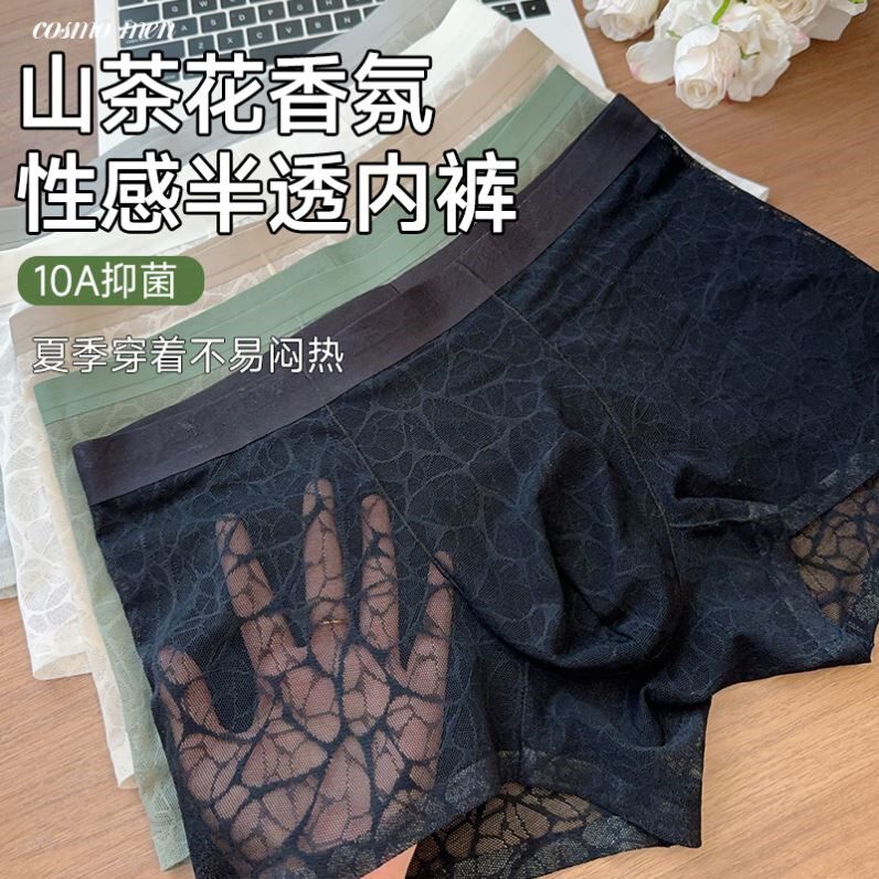 蕾丝男士内裤10A抑菌透明冰丝无痕抗菌黑丝袜2025网纱男生平角裤