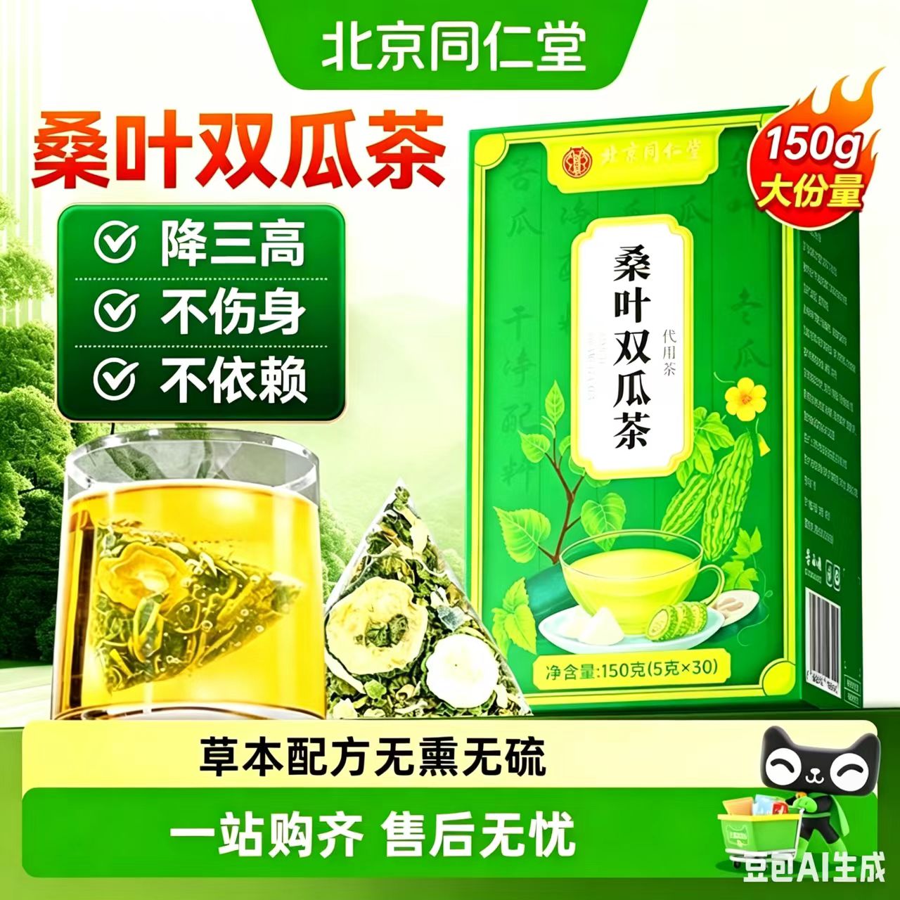 北京同仁堂桑叶苦瓜冬瓜茶降血糖官方正品泡水喝血糖血脂血压三高养生茶包