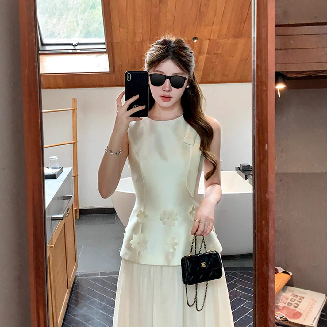 杨小卷 富家千金立体花无袖连衣裙纱裙仙女长裙白色掐腰裙订婚礼