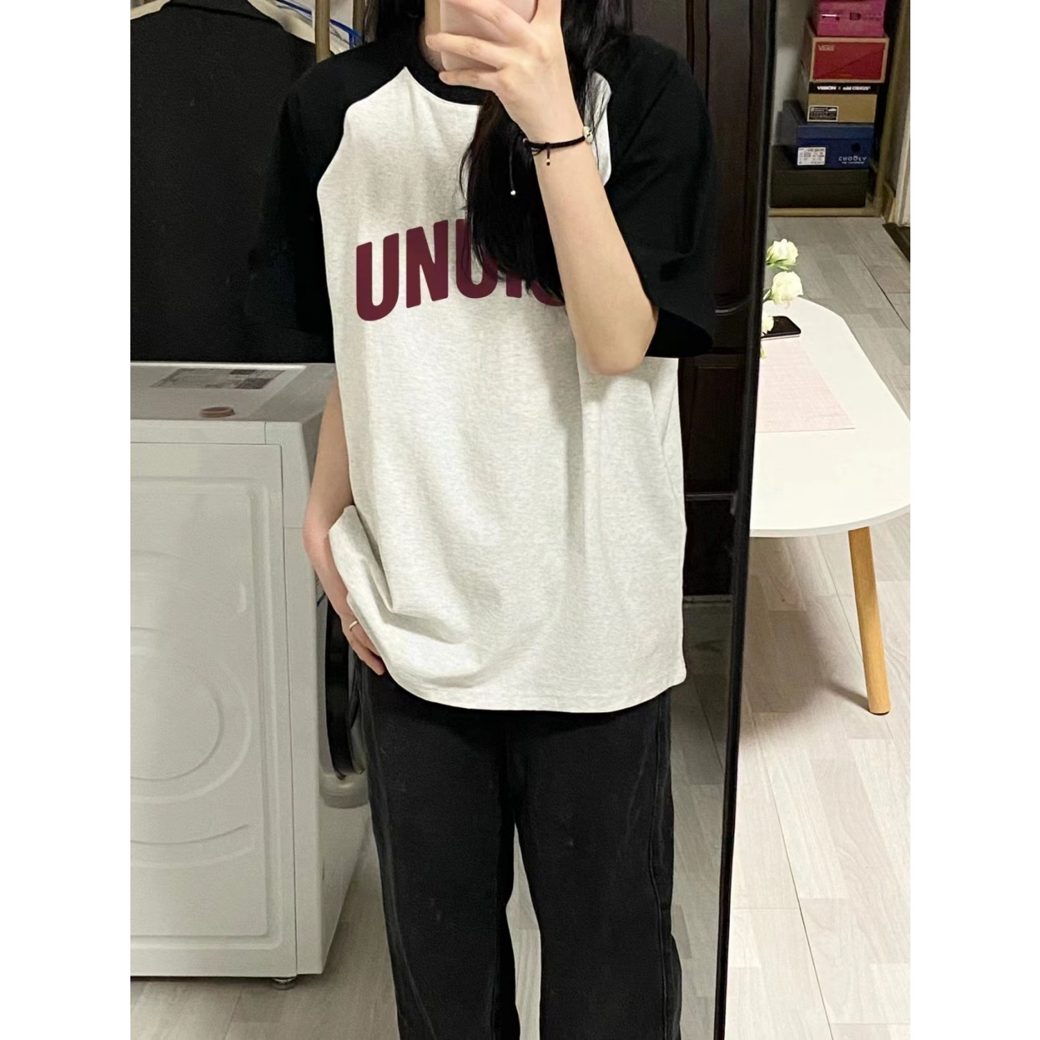 美式复古正肩短袖t恤女夏季2023新款小众设计感潮宽松插肩袖上衣