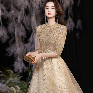 新款晚礼服裙主持人气质时尚感洋气大方气质金色年会连衣裙女