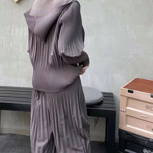 褶皱时尚百搭休闲运动风套装春秋新款连帽衫外套+哈伦三宅裤套装