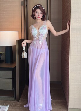 手工缝花缝钻淡紫色透视雪纺长裙深V显瘦大A摆夜场T台走秀长礼服