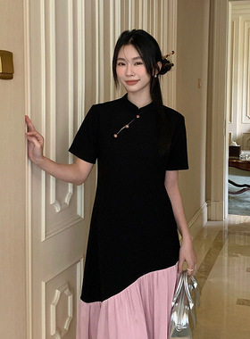 爱西里2024春夏复古新中式立领撞色扣拼接针织连衣裙11029