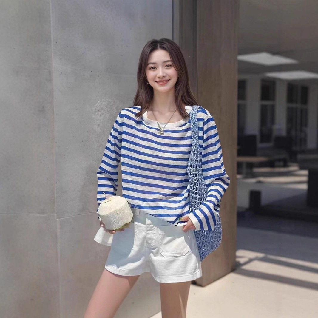 海岸线撞色蓝白条纹长袖T恤女夏季薄款透气冰丝针织防晒罩衫上衣