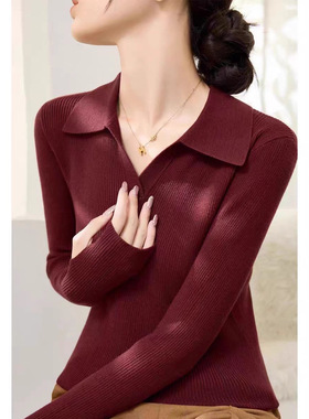 大码高级安哥拉红POLO领长袖针织衫女秋冬款修身内搭打底上衣胖mm