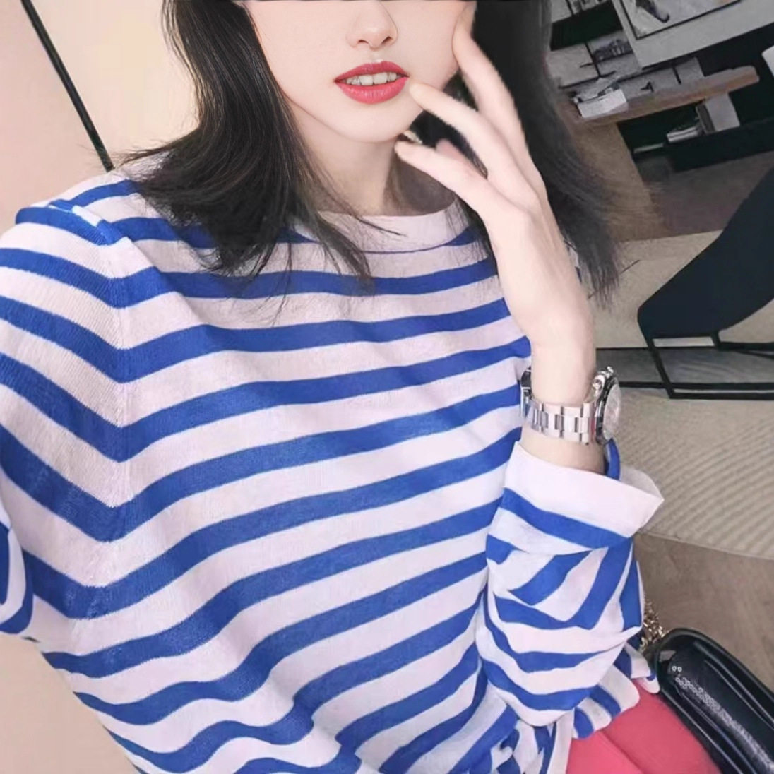 蓝色条纹防晒罩衫女秋新款韩版气质凉感冰丝长袖T恤宽松外搭上衣