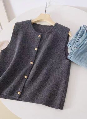 高级灰色针织开衫马甲背心女春秋慵懒风圆领毛衣无袖坎肩叠穿上衣