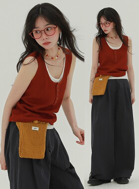 法式红色假两件U领冰丝针织背心女夏外穿设计感复古辣妹无袖上衣