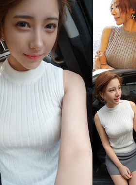 韩版春夏秋半高领无袖背心T恤修身显瘦弹力针织打底衫百搭上衣女