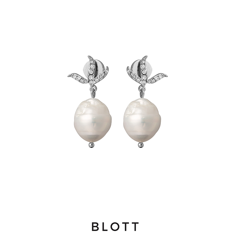BLOTT 植物系列 锆石柳叶天然巴洛克珍珠耳环