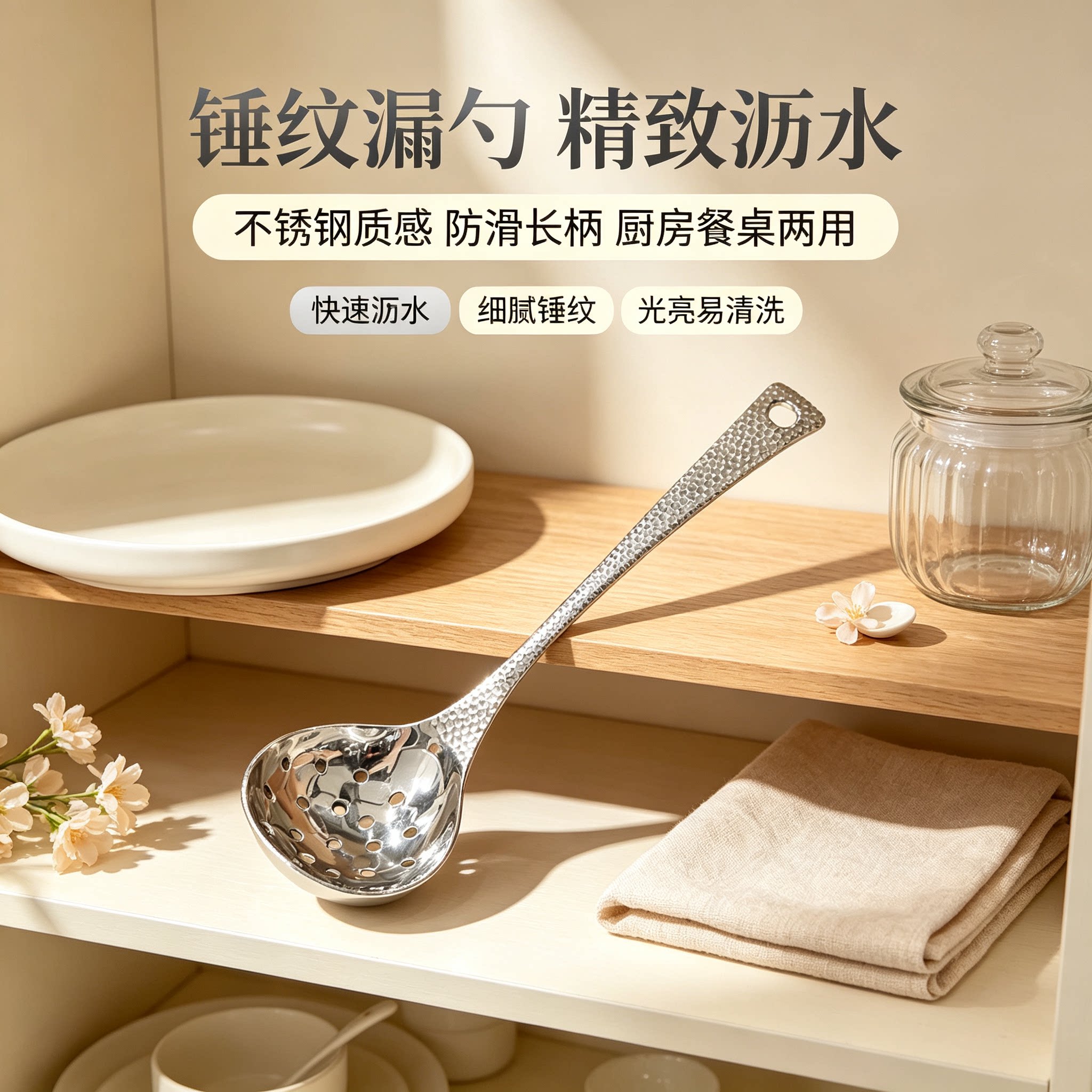 不锈钢锤纹长柄漏勺捞面饺子沥水图片