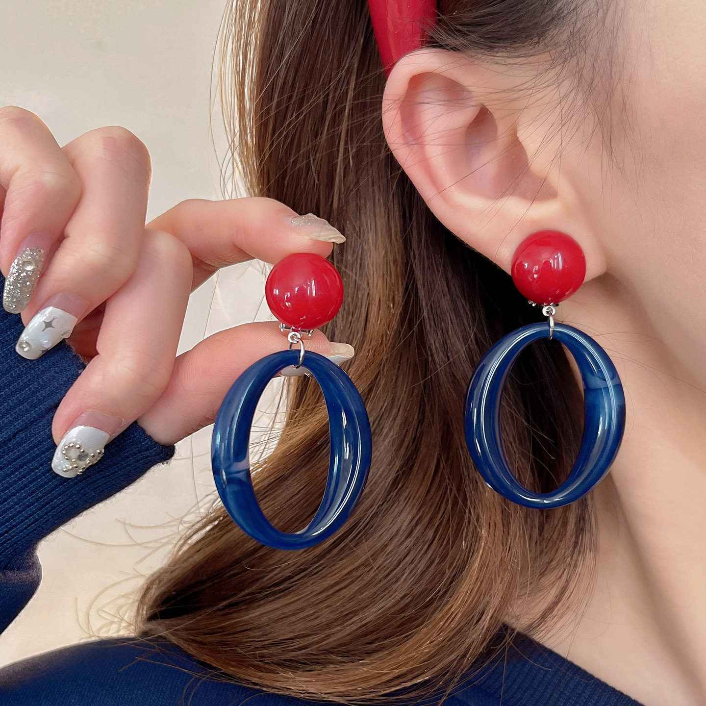复古港风红蓝撞色几何圆环耳环