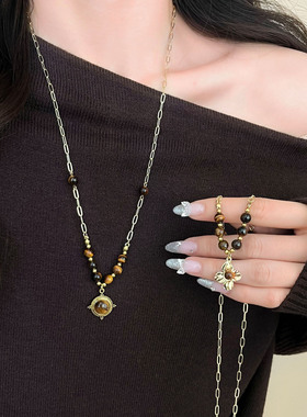 秋冬叠戴金色虎眼石长款项链女