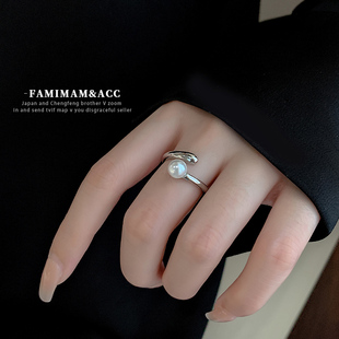 珍珠戒指女小众设计感银色开口食指时尚 个性 气质高级感冷淡风指环