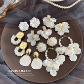 高级感珠珠贝壳耳饰女超仙耳钉 爆款 白色花朵流苏长款 耳环2026新款