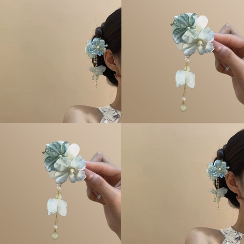 清冷感晕染蓝花垂珠流苏发夹女