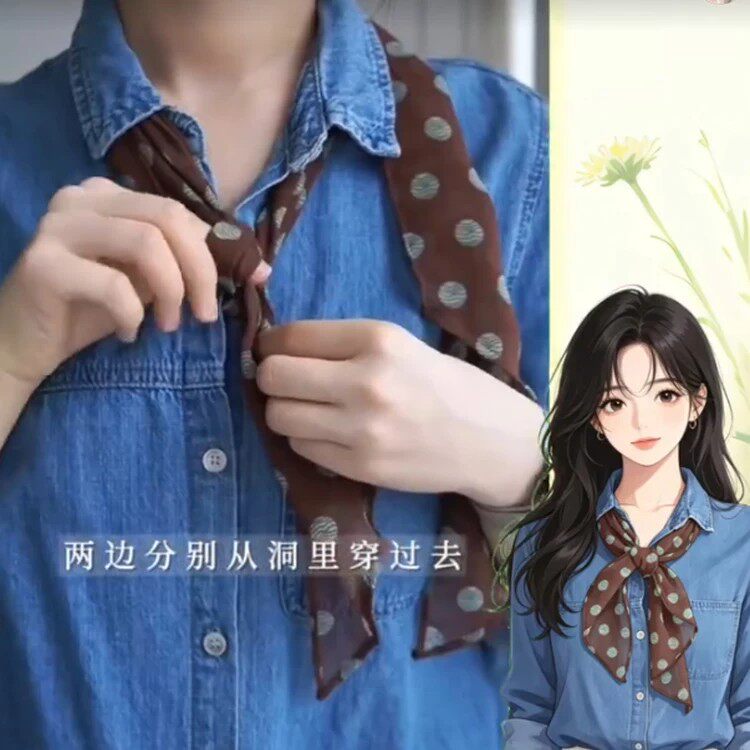复古咖色波点长条丝巾衬衫装饰