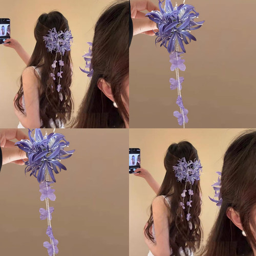 柔雾雨露！紫色彼岸花流苏抓夹