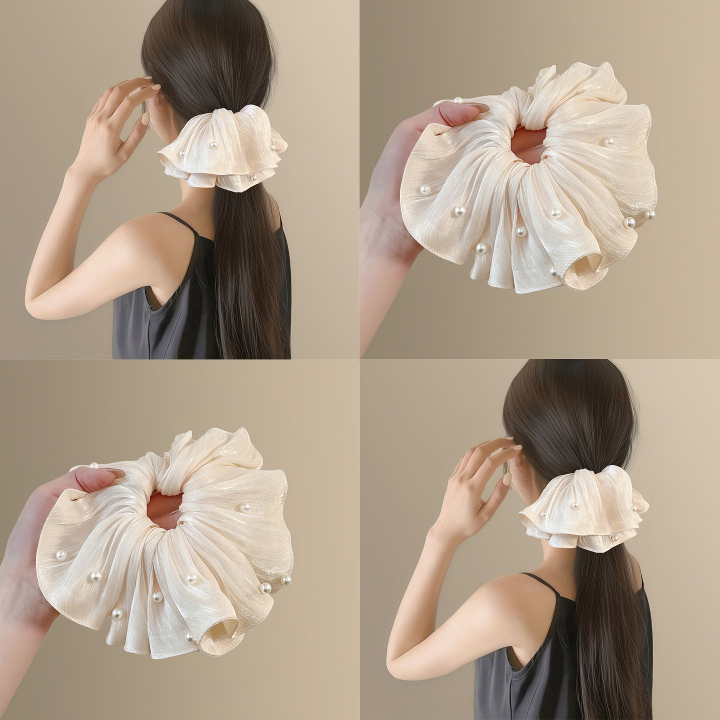 珠光柔纱！超仙珍珠流光褶皱大肠发圈！新款超大号丸子头发饰拎环