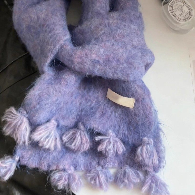 软绵绵~紫色流苏仿羊绒围巾女秋冬季高级感显白保暖百搭护颈围脖