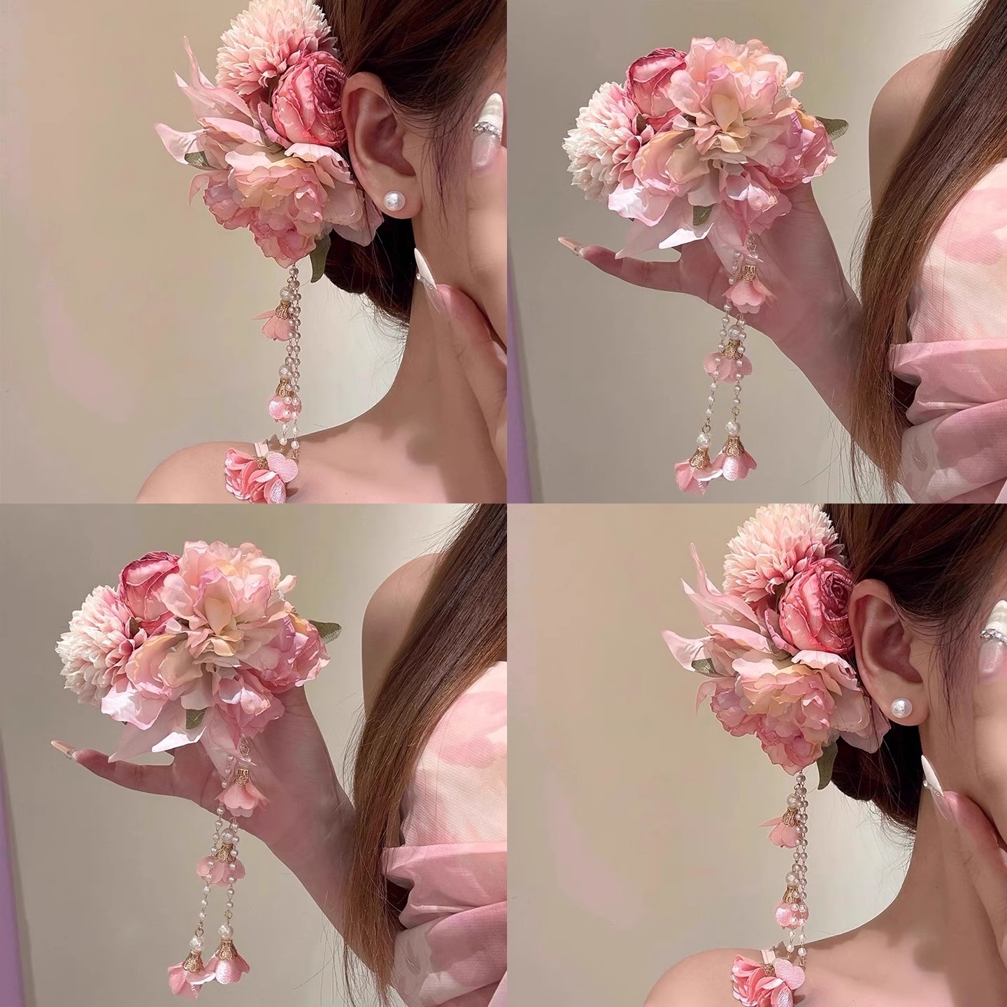 超仙粉色流苏花朵发夹新款旗袍