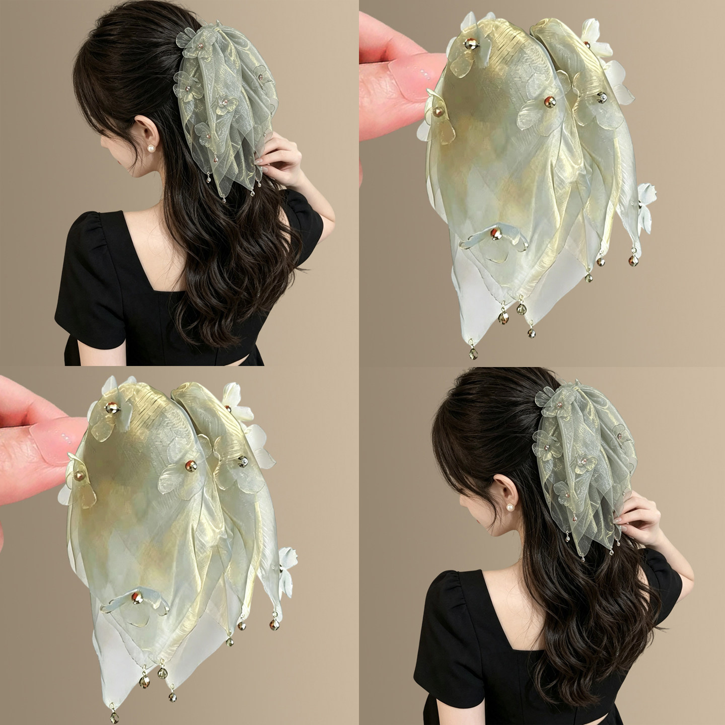 青岚星芒超仙绿色流光网纱马尾夹