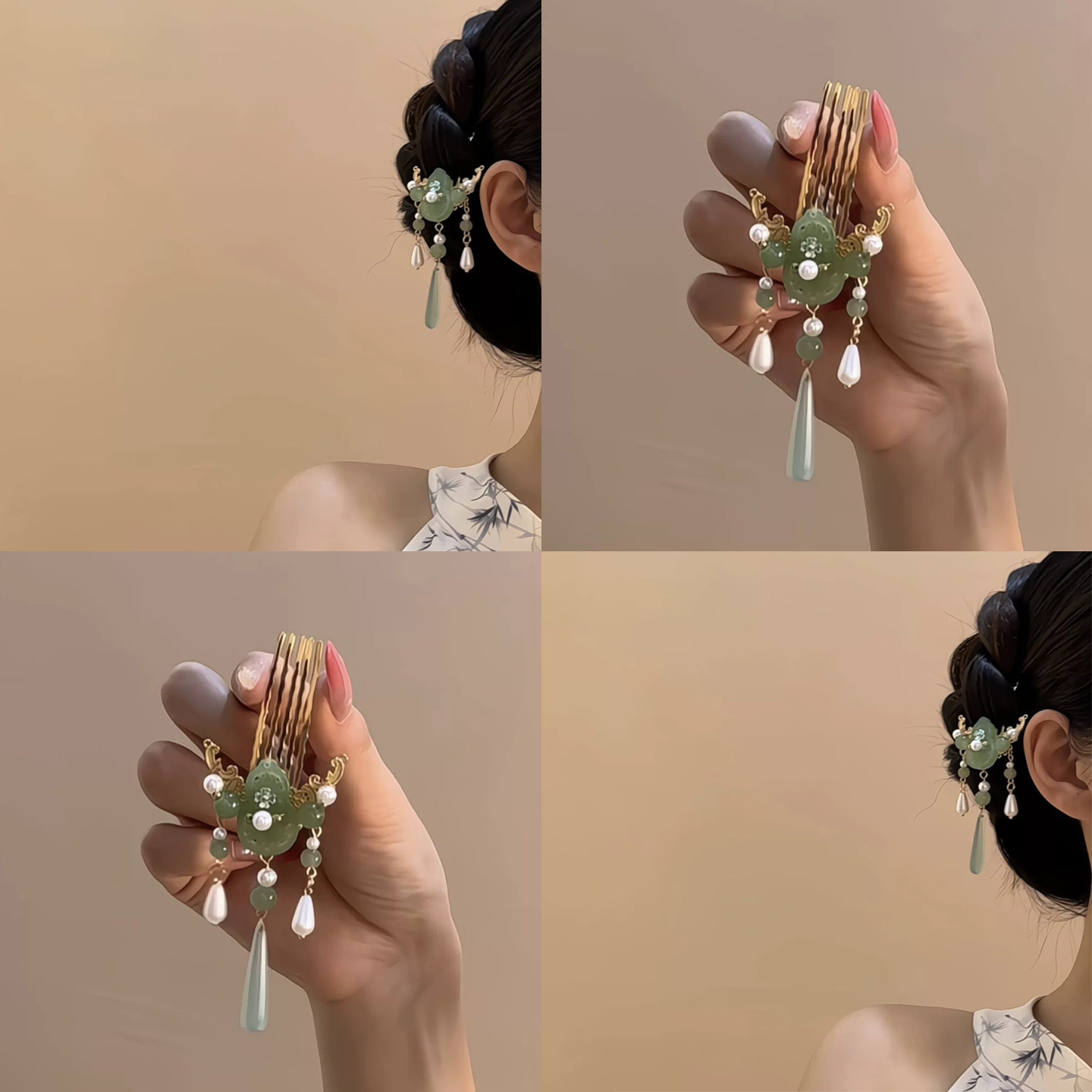 新中式青玉珍珠流苏发梳女古风汉