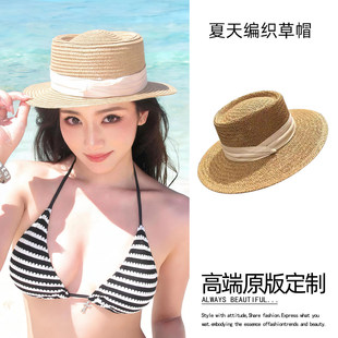法式拉菲草帽女夏编织草编帽盘子高级感防晒帽子沙滩海边大帽檐