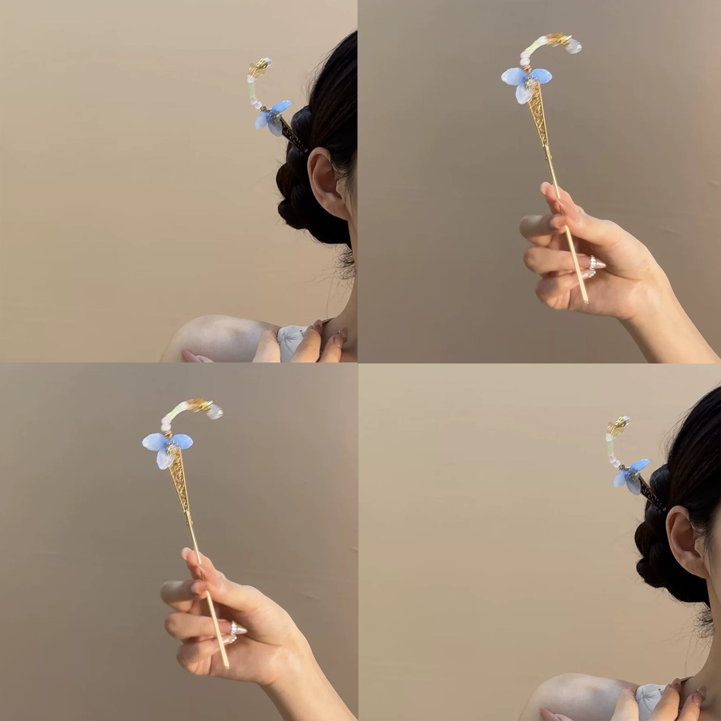 新中式雾蓝琉璃花朵发簪女古风