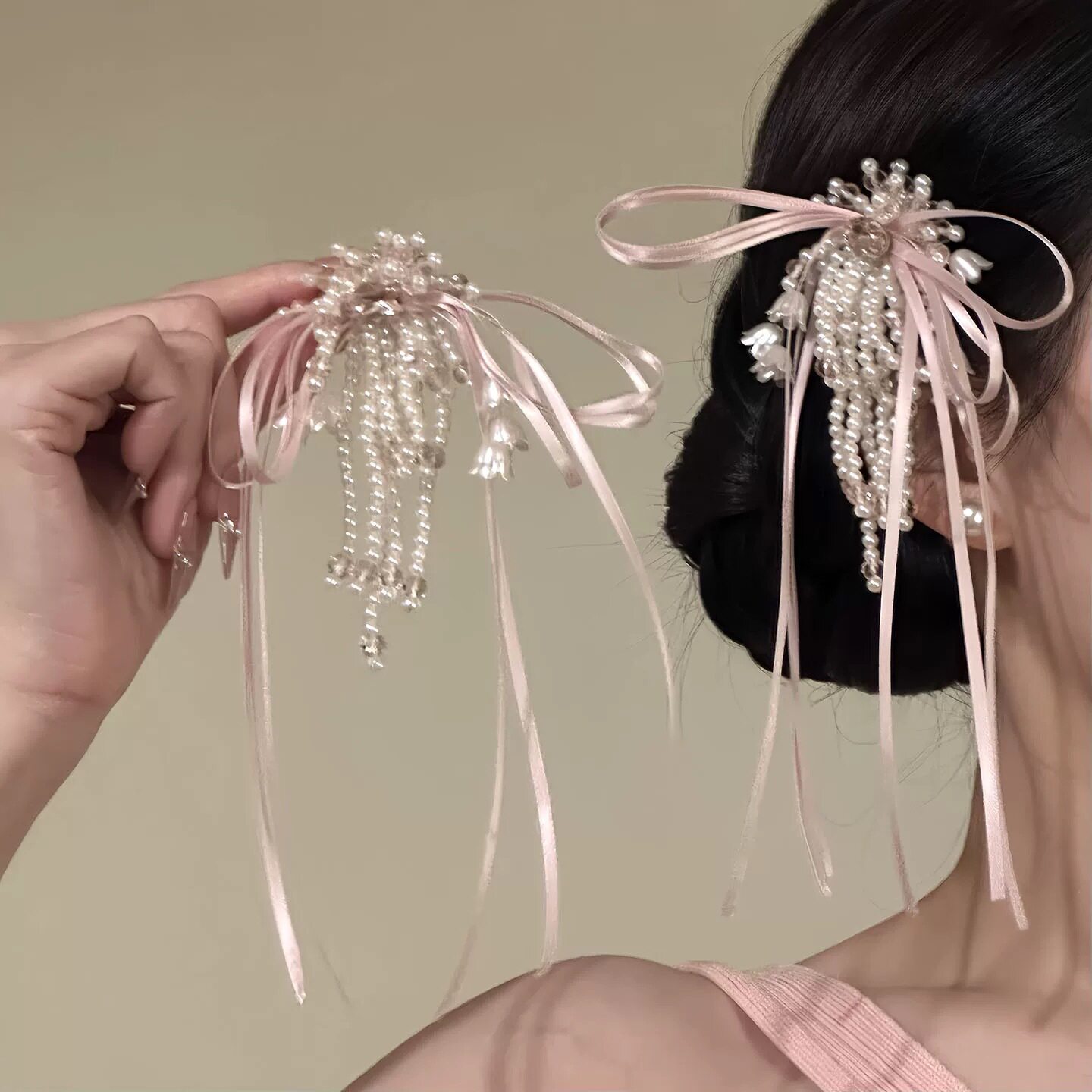 氛围感粉色蝴蝶结珍珠流苏发夹女
